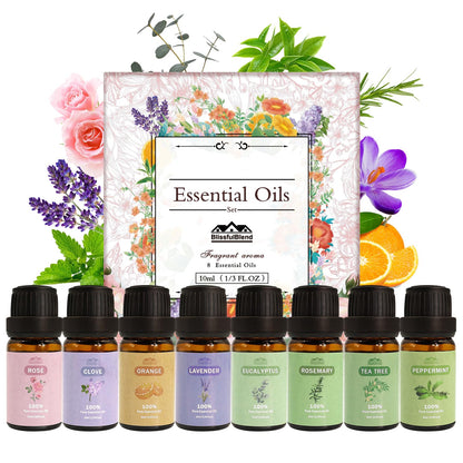8 Pack 10 ML Organic Aromatherapy Essential Oil Set Pure Essential Oil Kit for Diffusers for Home Peppermint LavenderEucalyptusTea TreeRose RosemaryClove Orange Fragrance Oil for Candle Making