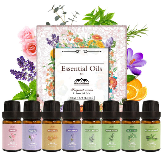 8 Pack 10 ML Organic Aromatherapy Essential Oil Set Pure Essential Oil Kit for Diffusers for Home Peppermint LavenderEucalyptusTea TreeRose RosemaryClove Orange Fragrance Oil for Candle Making
